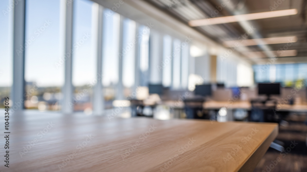 Empty desk in modern office. Wooden table with blurred background of modern office space, ideal for product placement or business concept. Empty desk in modern office. Wooden table with blurred background of modern office space, ideal for product placement or business concept.