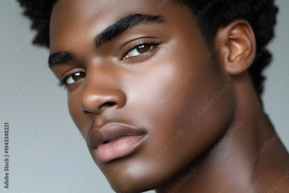 Close-up of a male model with natural makeup highlighting soft skin texture Close-up of a male model with natural makeup highlighting soft skin texture