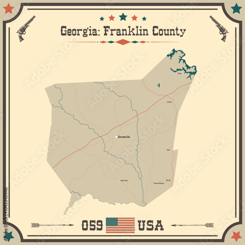 Large and accurate map of Franklin County, Georgia, USA with vintage colors.