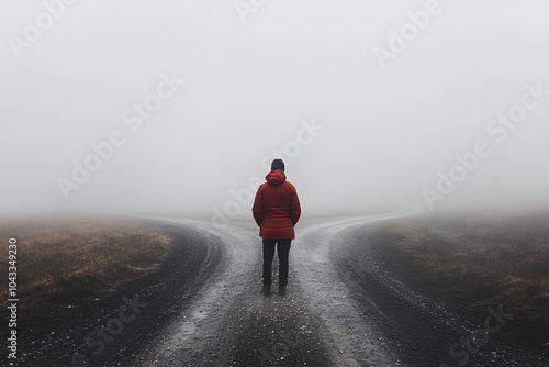 Person in a red jacket stands on a road with a foggy sky above