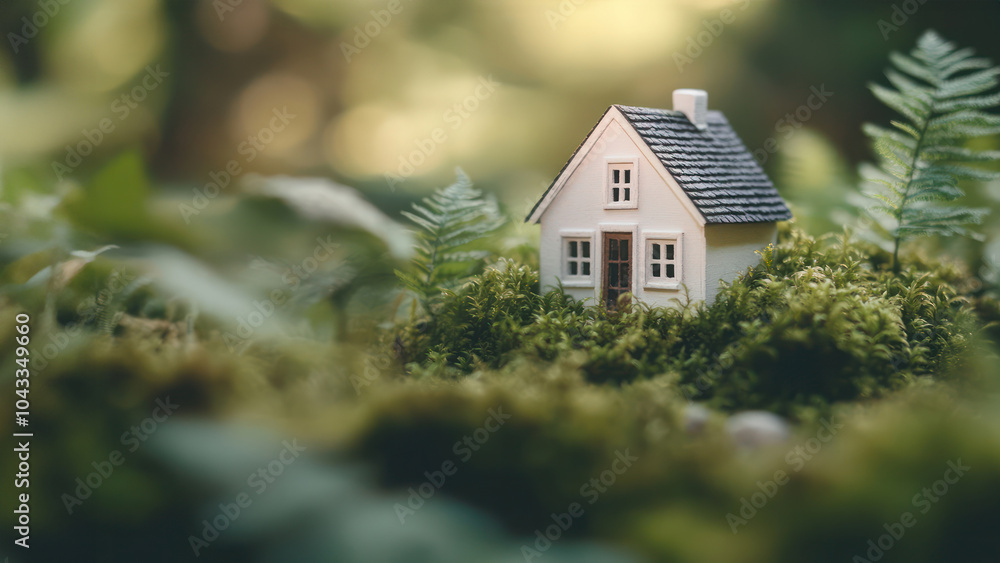 Miniature house on grassy field with sunlight and lens flare. Outdoor photography with natural bokeh effect. Real estate and eco-friendly living concept. Miniature house on grassy field with sunlight and lens flare. Outdoor photography with natural bokeh effect. Real estate and eco-friendly living concept.