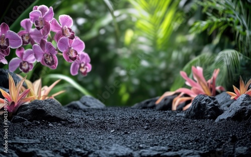 Ground level angle view close up, surface of black lava stone, with a floral-inspired tropical garden background, blurred orchids and bromeliads, copy space, ad promo template, lush floral tones photo