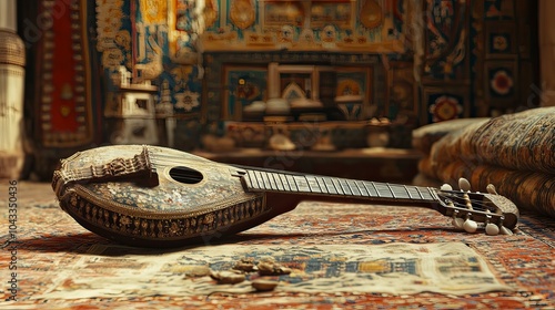 A traditional sitar resting on a decorative rug, with a beautiful backdrop of Indian artwork. 