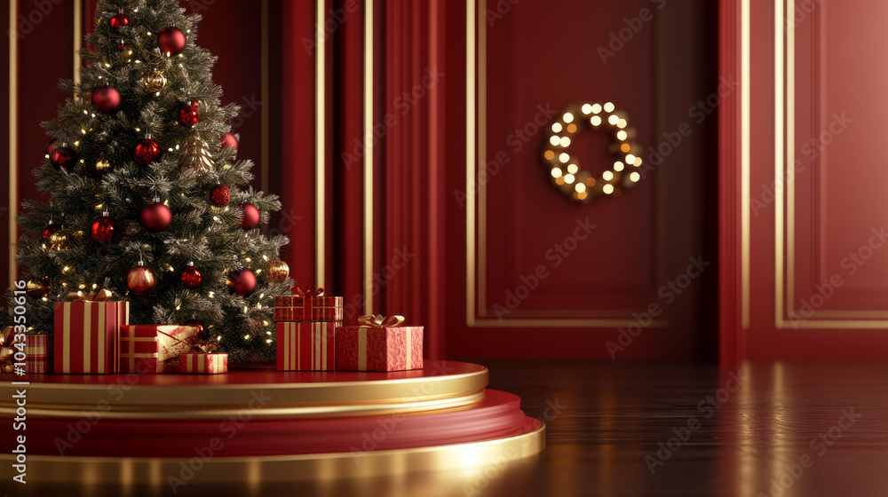 A stylish 3D Christmas scene with a red and gold podium. Perfect for showcasing your products or presents. The background features a festive red and gold Christmas tree. A stylish 3D Christmas scene with a red and gold podium. Perfect for showcasing your products or presents. The background features a festive red and gold Christmas tree.