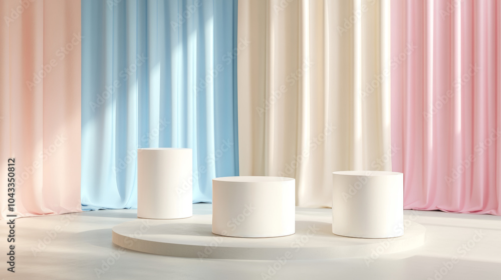 This is a simple, modern design with 3D rooms. There are white cylinder stands and a round pillar, all against a backdrop of beige, blue, and pink. It's perfect for showcasing products. This is a simple, modern design with 3D rooms. There are white cylinder stands and a round pillar, all against a backdrop of beige, blue, and pink. It's perfect for showcasing products.