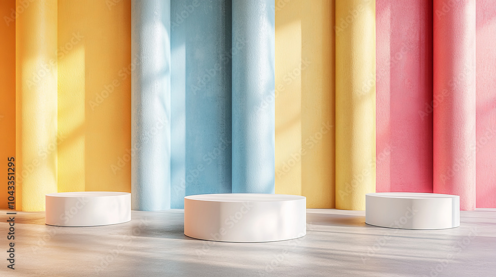 Three white cylinder podiums float in yellow, blue, and pink rooms with tall pillars in the background. These are simple, modern settings perfect for showcasing products. Three white cylinder podiums float in yellow, blue, and pink rooms with tall pillars in the background. These are simple, modern settings perfect for showcasing products.