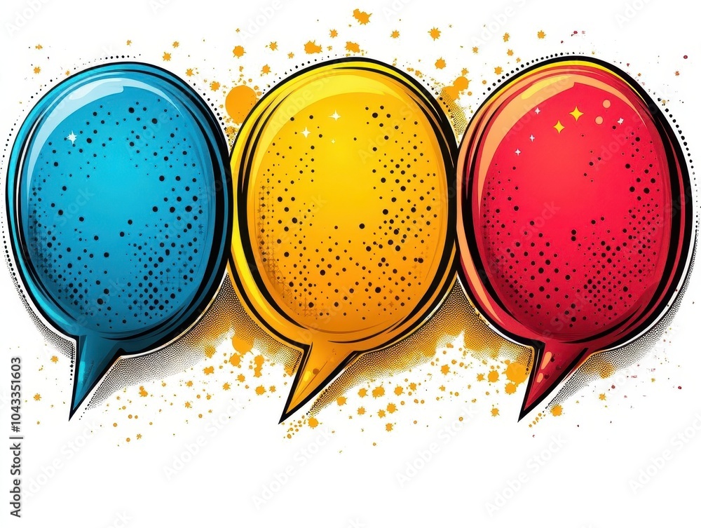 empty comic speech bubbles with halftone shadows, designed in a retro cartoon style, emphasizing comic art elements and playful visual communication in a fun, vibrant manner