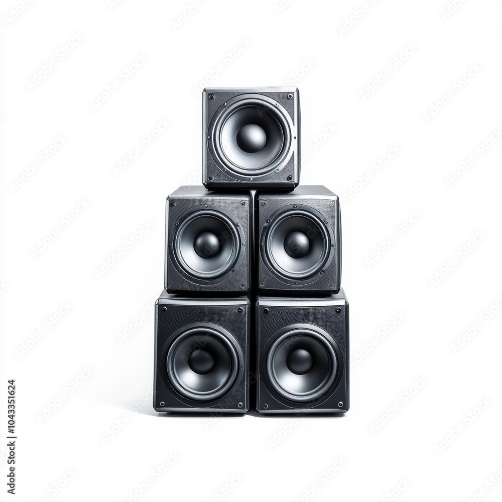 Four professional audio speakers stacked in a modern, artistic arrangement against a white background Four professional audio speakers stacked in a modern, artistic arrangement against a white background