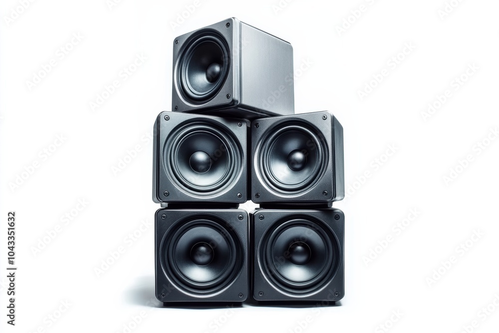 Four professional audio speakers stacked in a modern, artistic arrangement against a white background Four professional audio speakers stacked in a modern, artistic arrangement against a white background