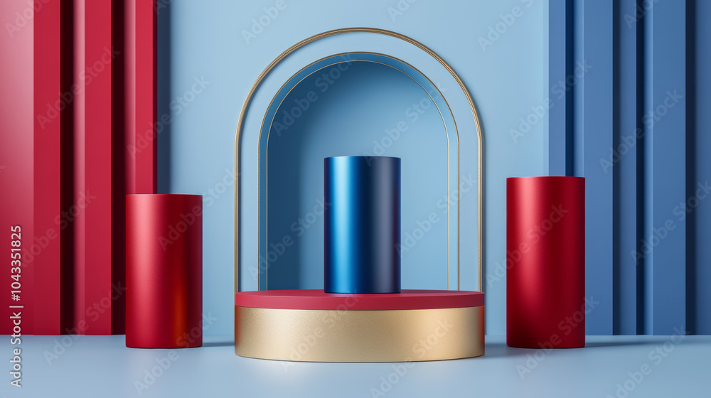 A stylish 3D display with red, gold, and blue cylinders on a podium. The background features a luxurious arch shape. This minimal scene is perfect for showcasing products. A stylish 3D display with red, gold, and blue cylinders on a podium. The background features a luxurious arch shape. This minimal scene is perfect for showcasing products.