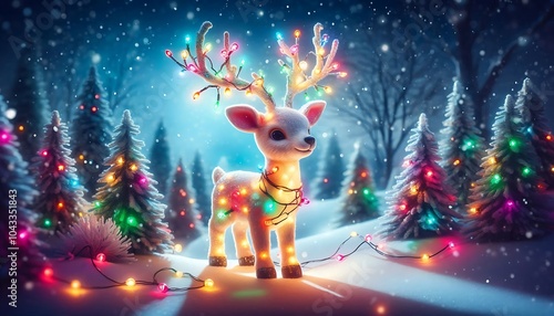Whimsical reindeer with glowing antlers and colorful Christmas lights, standing in snowy forest