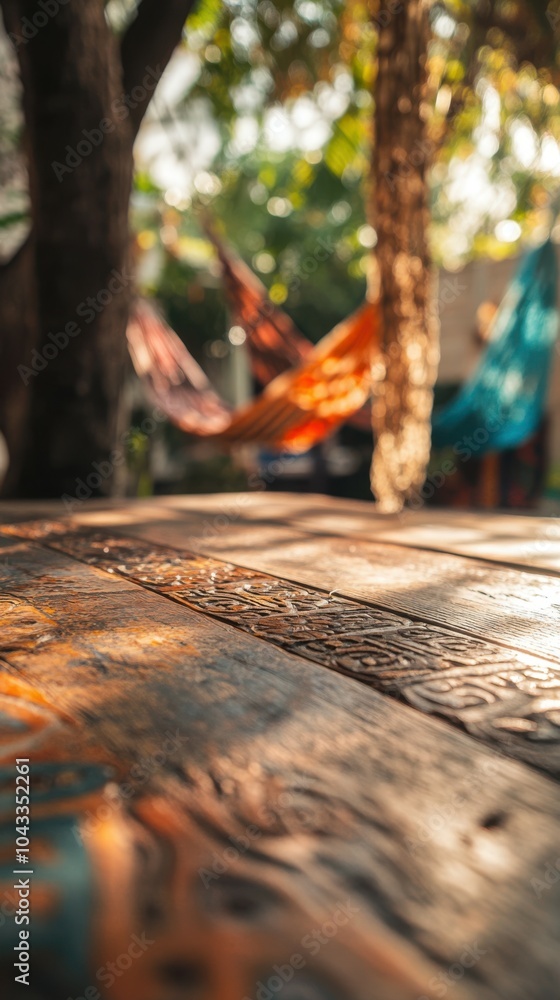Ground level angle view close up, surface of hand-carved low wooden table, with an eclectic boho backyard background, blurred woven hammocks and colorful tapestries, soft golden hour light Ground level angle view close up, surface of hand-carved low wooden table, with an eclectic boho backyard background, blurred woven hammocks and colorful tapestries, soft golden hour light