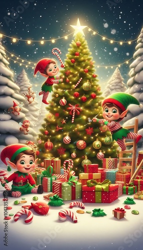 Playful elves decorating giant Christmas tree, with gifts and candy scattered around snowy ground