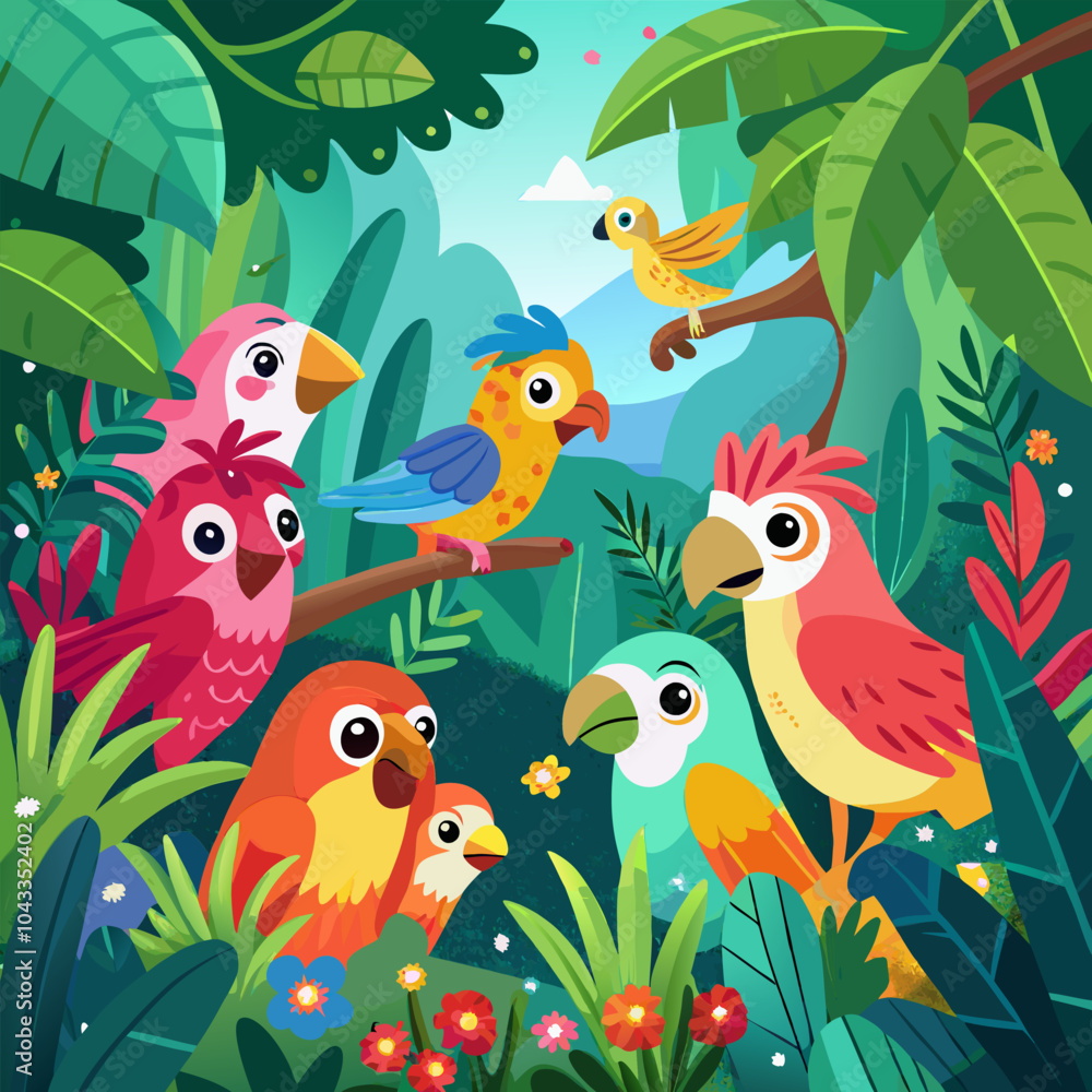 A vibrant illustration depicting a diverse group of colorful parrots in a lush tropical jungle. The birds, with their unique personalities and expressive features. A vibrant illustration depicting a diverse group of colorful parrots in a lush tropical jungle. The birds, with their unique personalities and expressive features.