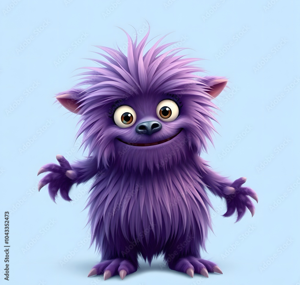 Funny purple fluffy monster on a clean blue background. Joyful and soft little monster. Charming yeti. Halloween character. Funny purple fluffy monster on a clean blue background. Joyful and soft little monster. Charming yeti. Halloween character.
