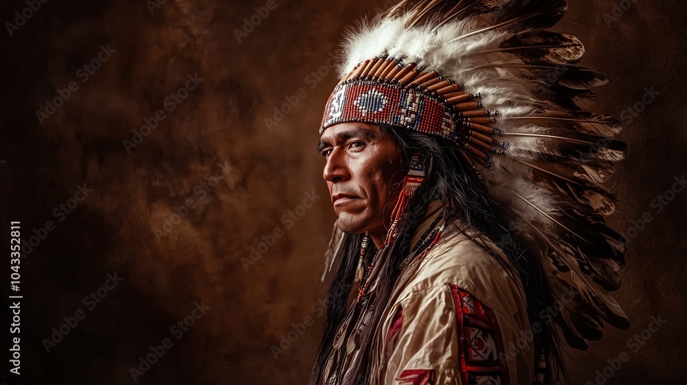 Traditional Portrait of a Native Man in Feathered Headdress. Generative AI. Traditional Portrait of a Native Man in Feathered Headdress. Generative AI.