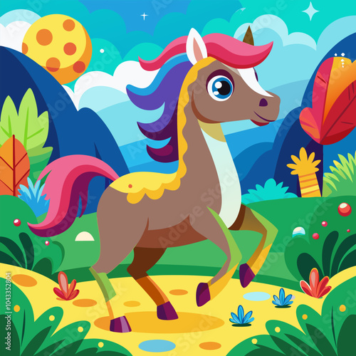 A cheerful illustration of a magical unicorn galloping through a vibrant meadow, perfect for adding a touch of fantasy to your designs. This whimsical character is ideal for children's books.