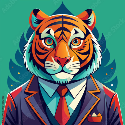 A bold and stylish illustration of a tiger wearing a suit. This captivating image combines the power and grace of a tiger with the sophistication of a dapper gentleman.