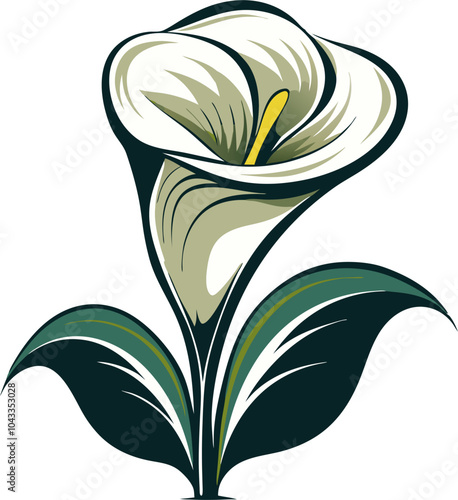 A delicate white calla lily with a yellow center, blooming elegantly with green leaves. This simple yet elegant illustration is perfect for creating invitations, cards.