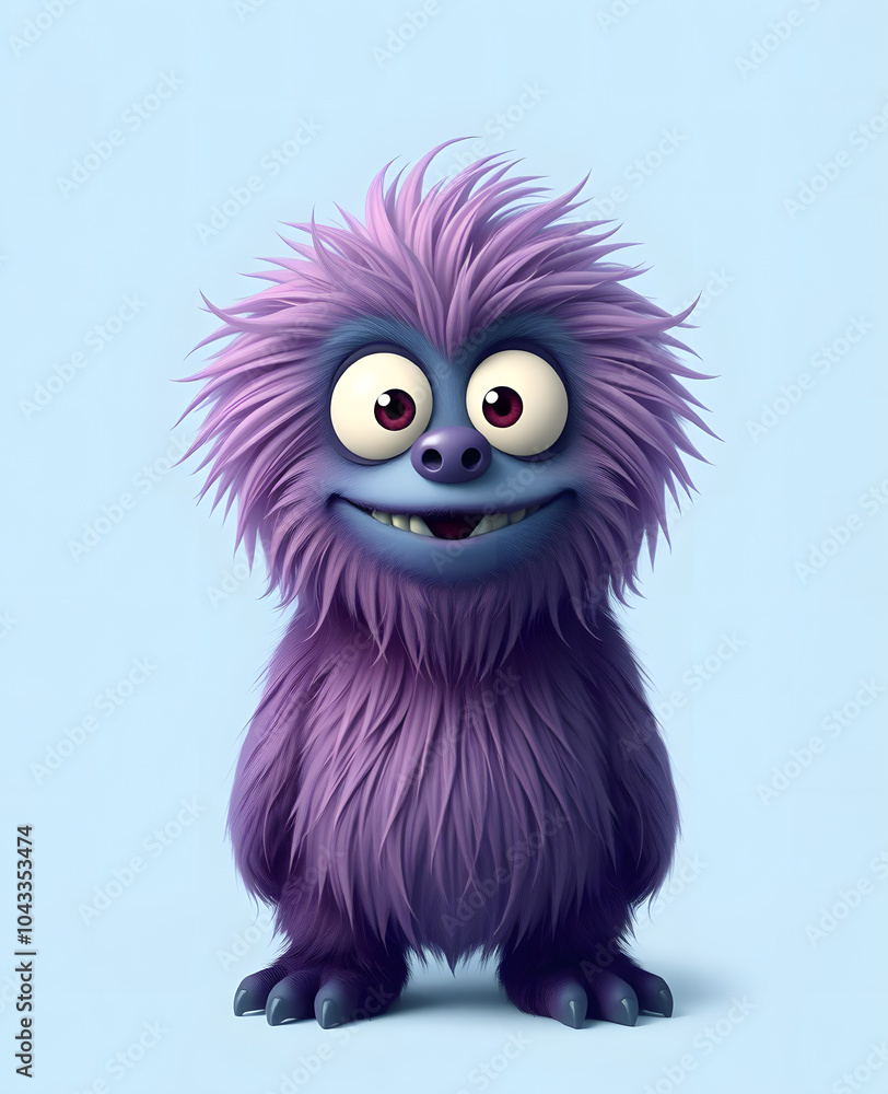 Funny purple fluffy monster on a clean blue background. Joyful and soft little monster. Charming yeti. Halloween character. Funny purple fluffy monster on a clean blue background. Joyful and soft little monster. Charming yeti. Halloween character.