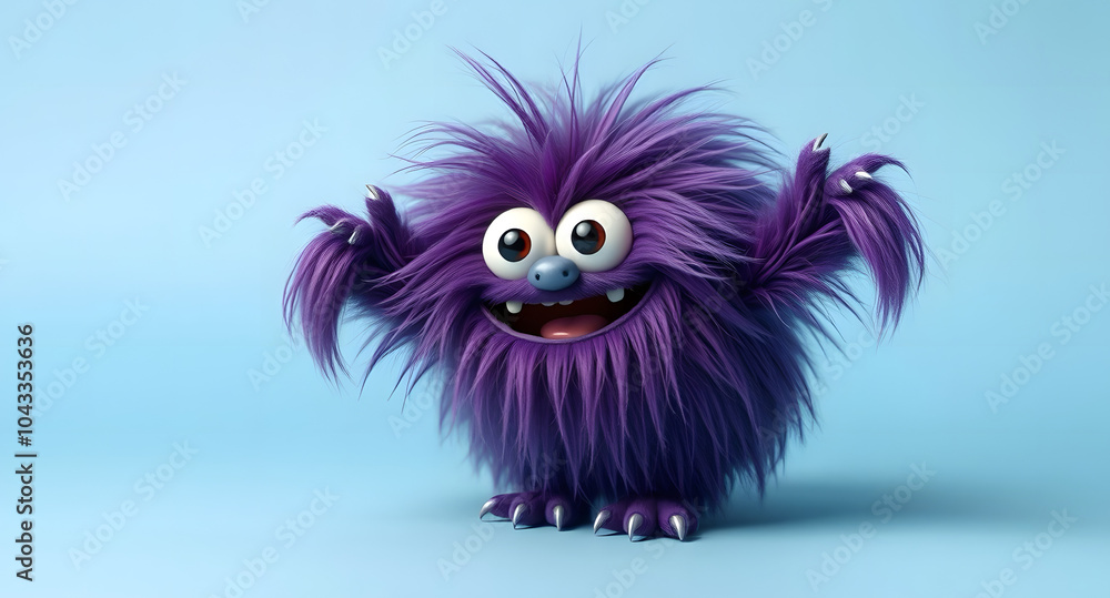 Fototapeta premium Funny purple fluffy monster on a clean blue background. Joyful and soft little monster. Charming yeti. Halloween character.