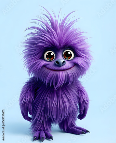 Funny purple fluffy monster on a clean blue background. Joyful and soft little monster. Charming yeti. Halloween character.