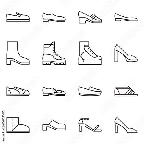 Shoe line icon set. High heels sandal, cowboy boots, hiking footwear, sneakers, slipper minimal vector illustrations. Simple outline signs for fashion application