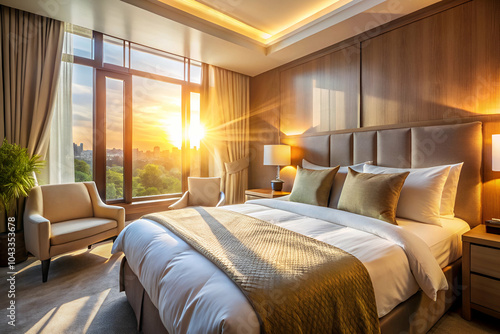 A luxurious bedroom featuring large windows with sunset views, elegant decor, and modern furnishings, creating a warm and inviting atmosphere.