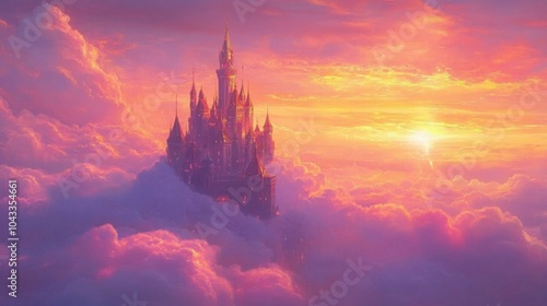  castle perched atop fluffy clouds, with golden spires reaching the sky