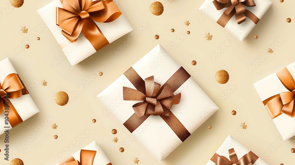 Stylish white gift boxes with brown and gold ribbons, surrounded by festive glittering spheres on a light beige background. Stylish white gift boxes with brown and gold ribbons, surrounded by festive glittering spheres on a light beige background.