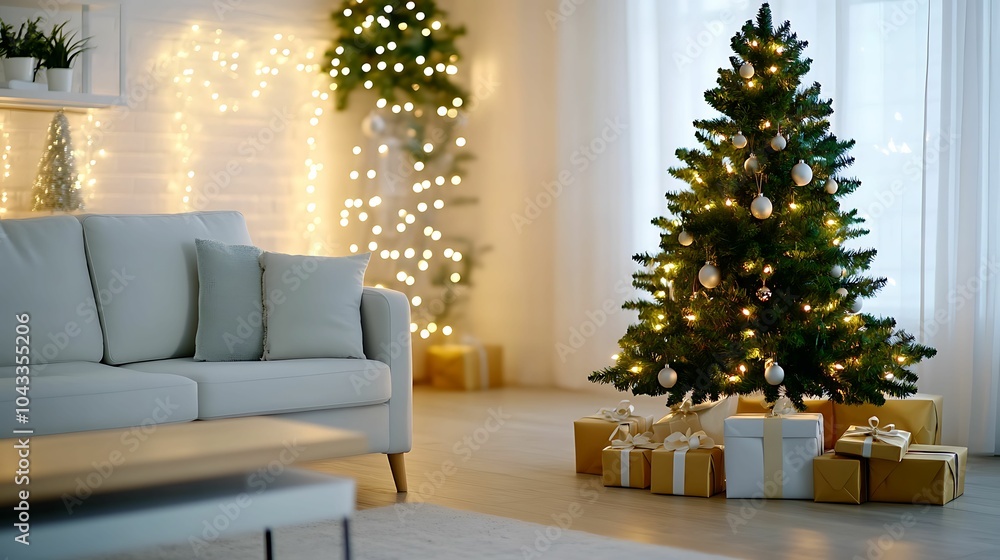 Beautifully decorated living room featuring a lit Christmas tree, glowing string lights, and wrapped presents, creating a warm and festive holiday atmosphere. Beautifully decorated living room featuring a lit Christmas tree, glowing string lights, and wrapped presents, creating a warm and festive holiday atmosphere.