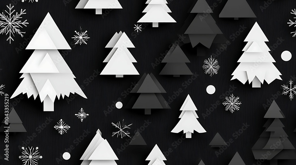Obraz premium Stylized layered Christmas trees in black and white, accented by snowflakes on a dark background, creating a modern and minimalist holiday design.