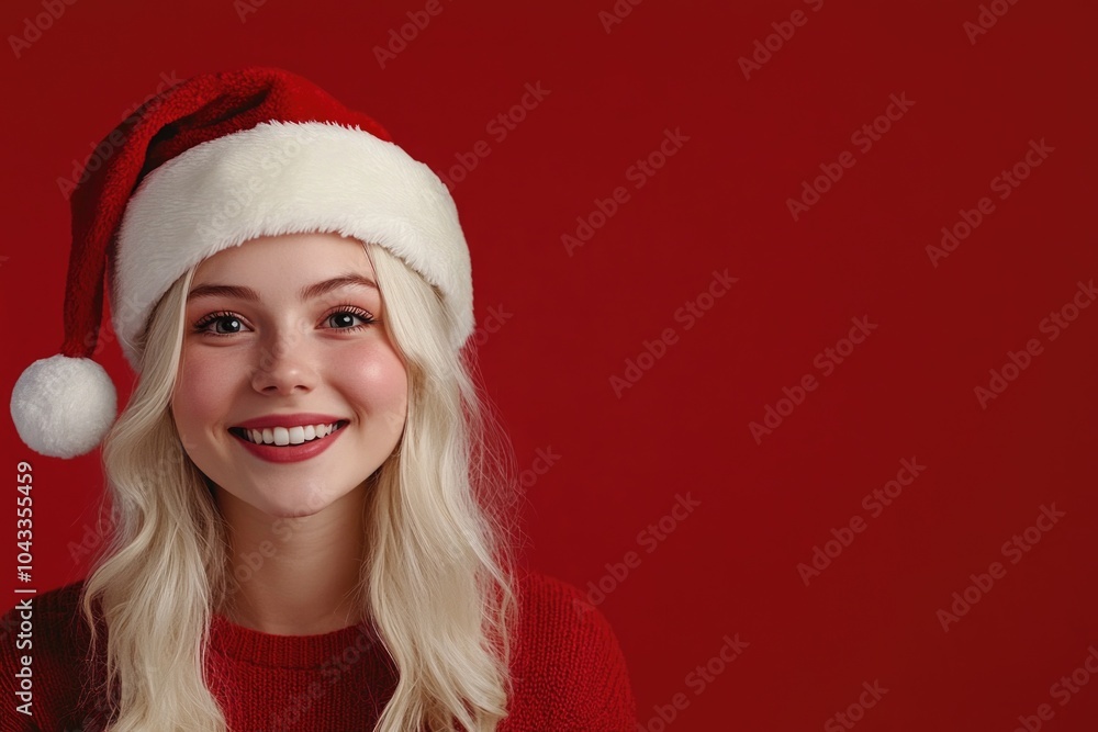 A happy woman wearing a Santa hat and smiling for the camera A happy woman wearing a Santa hat and smiling for the camera