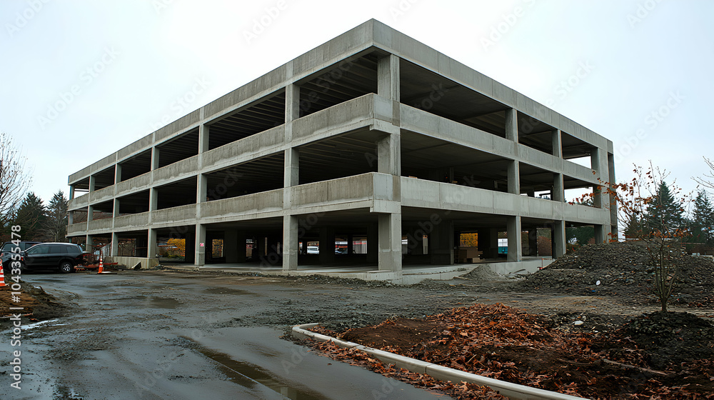 Obraz premium Multi-Story Parking Structure Under Construction with Crane and Building Materials in Urban Setting
