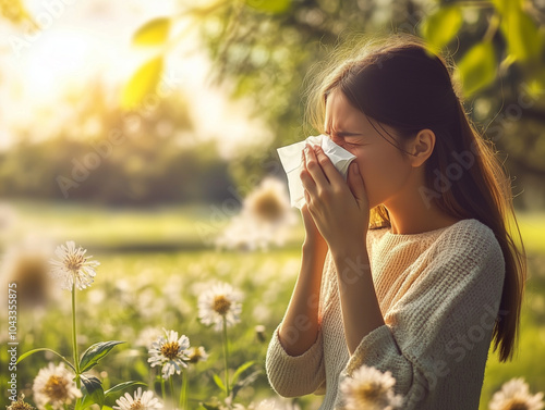 A woman sneezes while stand...