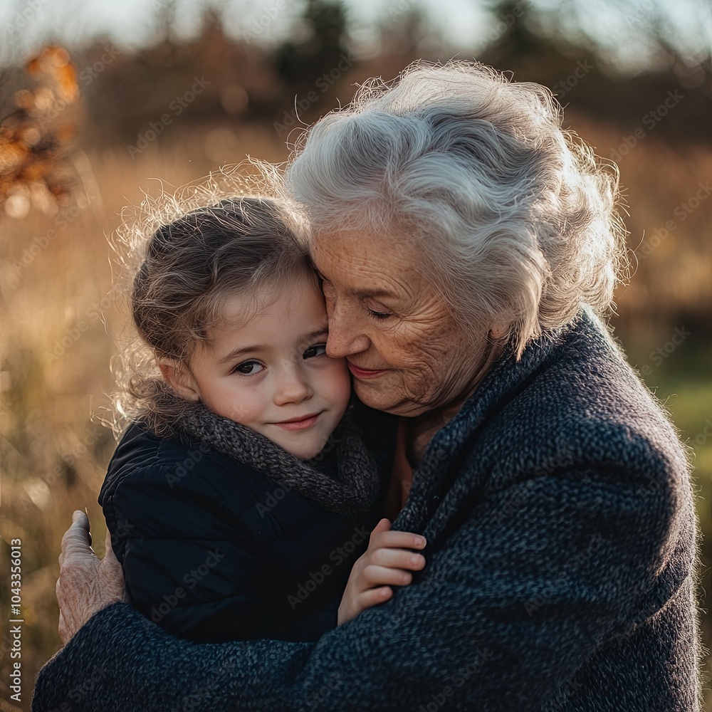 Close up portrait of a grandmother holding granddaughter outdoors Close up portrait of a grandmother holding granddaughter outdoors
