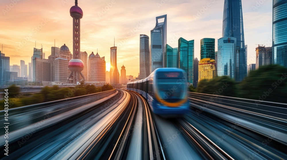 Modern city with high-rise buildings and a light rail train in motion at sunset. Modern city with high-rise buildings and a light rail train in motion at sunset.