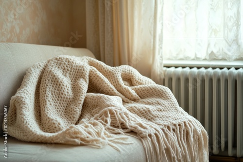 Cozy home decor with blanket on sofa near window