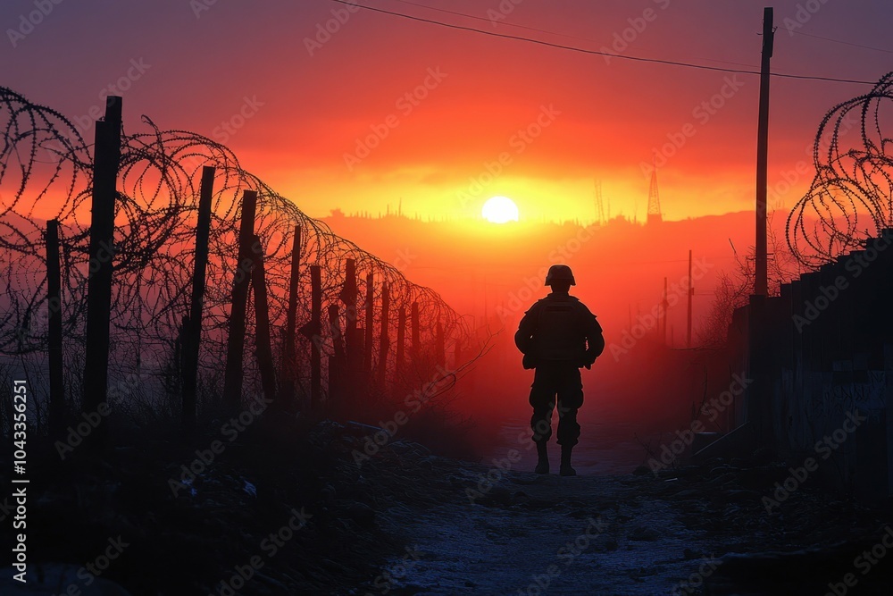 A lone soldier stands guard at a border checkpoint, silhouetted against the sunrise, embodying duty and commitment in the face of challenges A lone soldier stands guard at a border checkpoint, silhouetted against the sunrise, embodying duty and commitment in the face of challenges