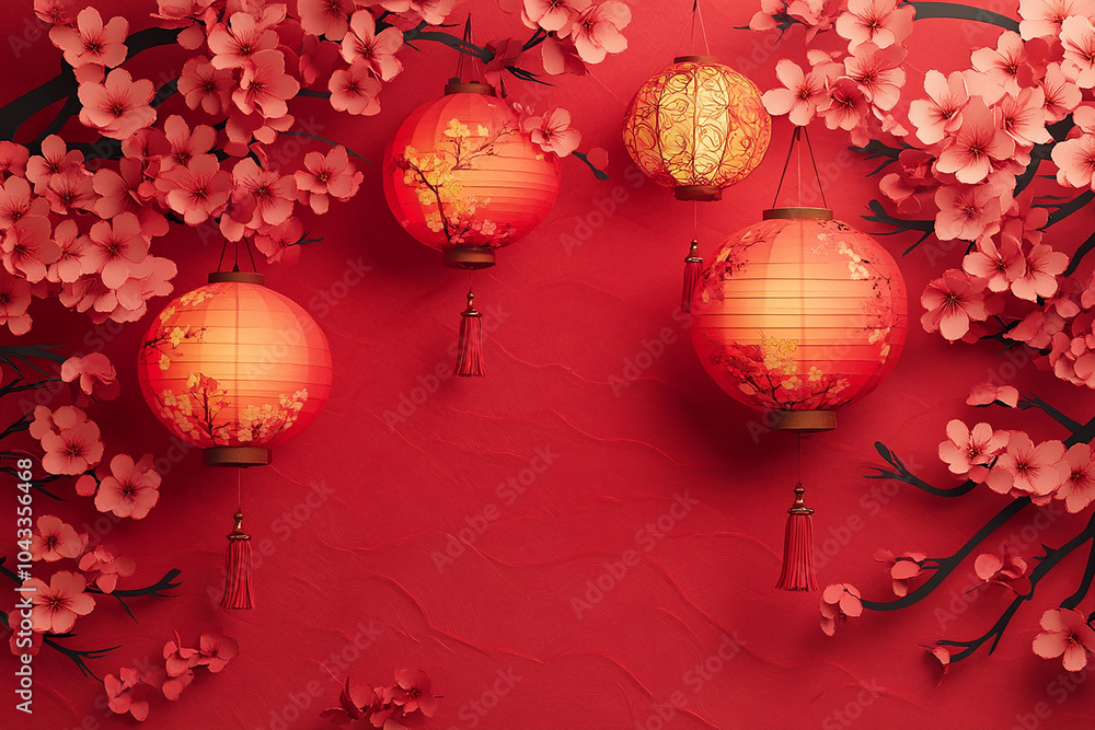 Obraz premium Chinese New Year red tree with red lanterns hanging from it. The tree is surrounded by red paper and the lanterns are hanging from the branches. 