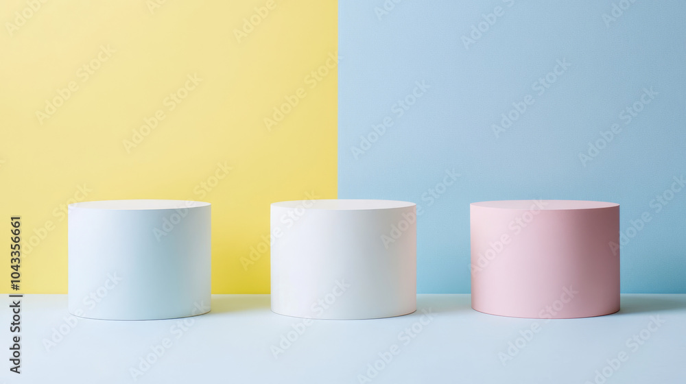 Three white cylinder podiums with pastel yellow, blue, and pink backgrounds. They're perfect for displaying products in a minimal, modern setting. Three white cylinder podiums with pastel yellow, blue, and pink backgrounds. They're perfect for displaying products in a minimal, modern setting.