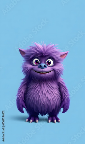 Funny purple fluffy monster on a clean blue background. Joyful and soft little monster. Charming yeti. Halloween character.