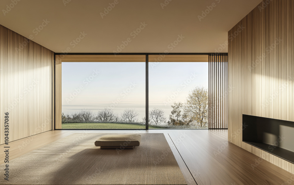 Fototapeta premium Modern minimalist interior with large windows overlooking serene lake view at sunrise