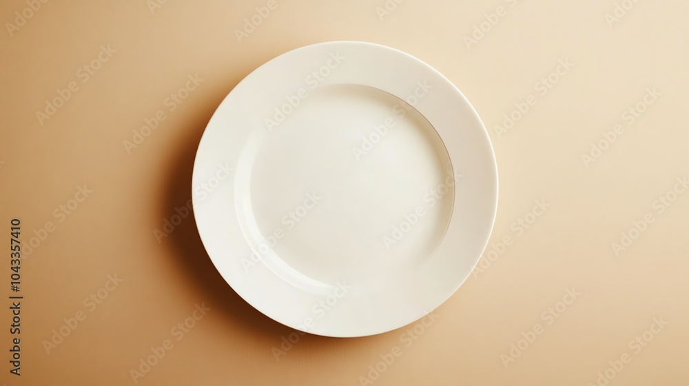 A white plate on a beige background. A white plate on a beige background.