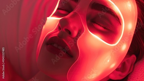 Relaxed woman with facial light therapy mask in red glow for skincare concept photo