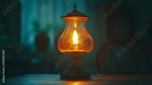 Traditional Oil Lamp with Flickering Flame Illuminating a Dark Space