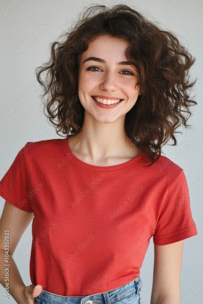 A happy woman wearing a red shirt and blue jeans, smiling at the camera A happy woman wearing a red shirt and blue jeans, smiling at the camera