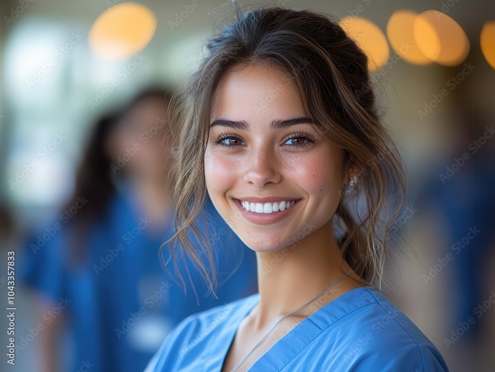 female student in blue scrubs smiling confidently at the camera, representing the healthcare profession alongside peers, embodying compassion and professionalism in medical fields female student in blue scrubs smiling confidently at the camera, representing the healthcare profession alongside peers, embodying compassion and professionalism in medical fields