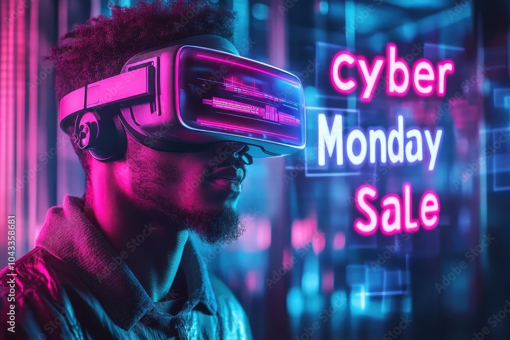 Virtual Reality Cyber Monday: A futuristic design showing a virtual reality headset user interacting with floating Virtual Reality Cyber Monday: A futuristic design showing a virtual reality headset user interacting with floating