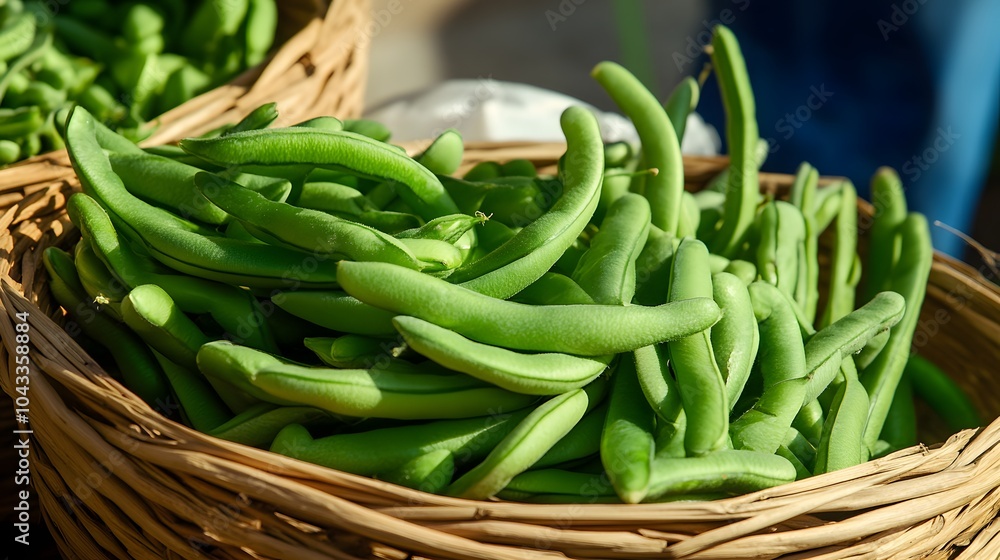 Fresh green beans in a wicker basket. Fresh green beans in a wicker basket.